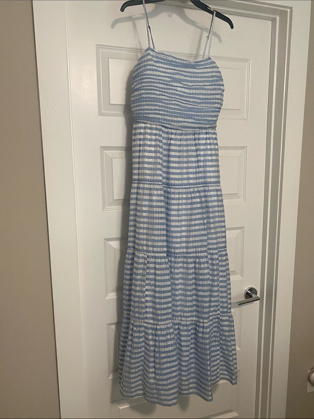 Chelsea28 Light Blue and White Striped Tiered Maxi Dress